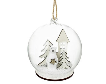 Polar Bear with Gold Star Glass Christmas Tree Bauble - Winter Wonderland Festive Nature Nordic White Forest Snow Gift Family