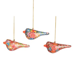 Kashmiri Festive Birds Papier-mâché Christmas Tree Decorations - Bauble Ornament Opulent Traditional Colourful Pretty Ornate Handmade Gift