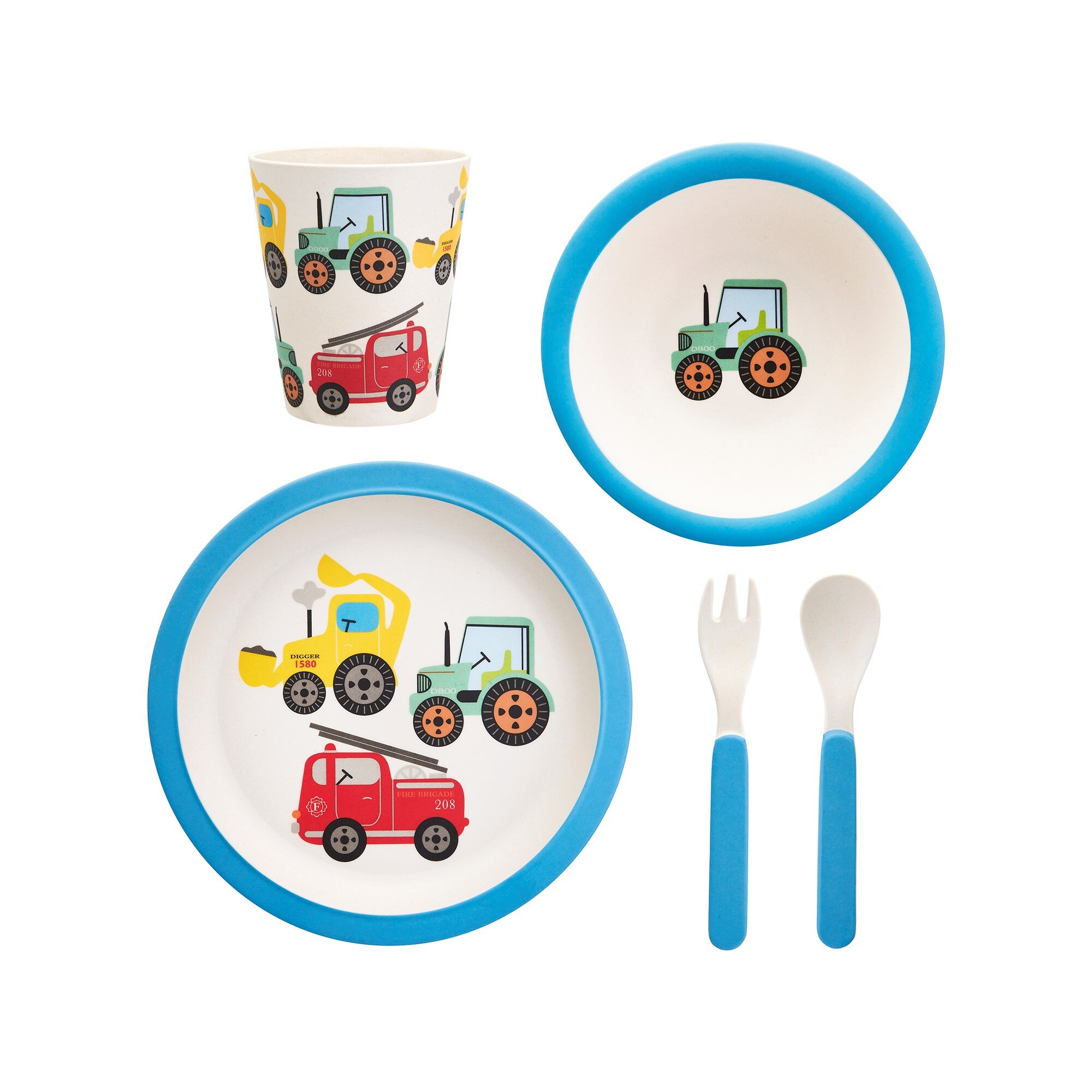 Ensemble de vaisselle en bambou sur le thème du transport Couleurs  primaires Tracteur Digger Fire Engine Voitures Machines Ingénieur Assiette  pour enfants Bol Eco 1er anniversaire -  France