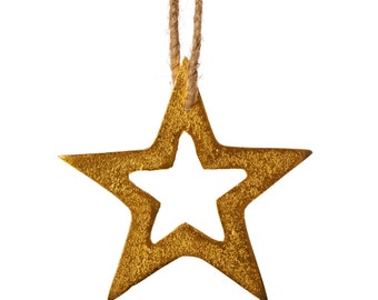 Golden Star Christmas Tree Decoration (Small or Large) - Festive Winter Metallic Shimmer Glitter Nature Nordic Gift Friends Family