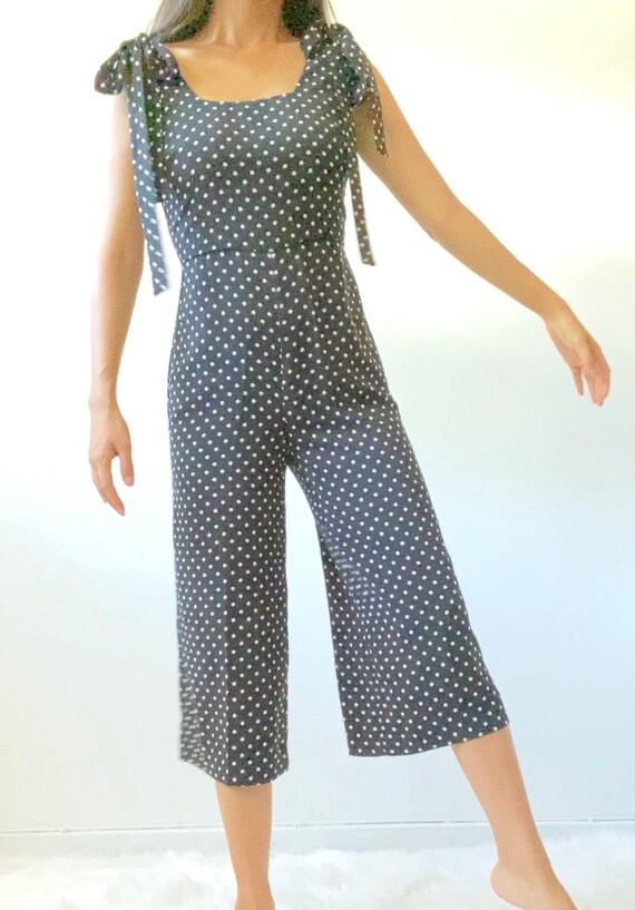 Italian Polka Dot Navy Jumpsuit w/ Ribbon Ties