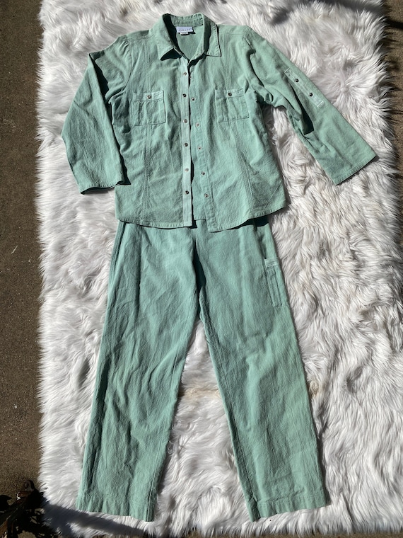 Vtg 2 pc Mint Green Relaxed Pant Suit Set