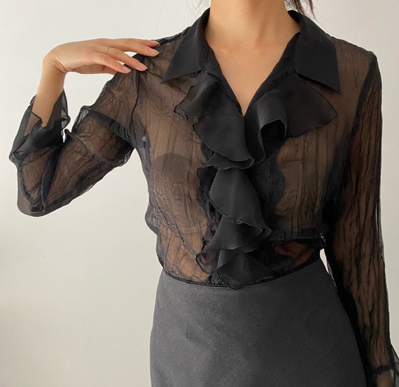 Vtg Sheer Black Lace Silk Ruffle Poet Blouse S/M