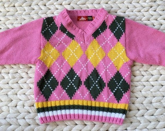 Vtg Pink Preppy Argyle Sweater