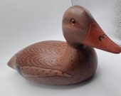 Vintage 1980s Hand Painted Wood Duck Hand Carved Glass Eyes Decoy Sculpture Bog 12 quot