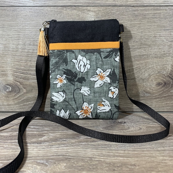 Wild Anemone Crossbody Bag, Cell Phone Purse, Padded Phone Bag, Hands free Phone Purse, Small Shoulder Bag, Handmade Gift, Black and White