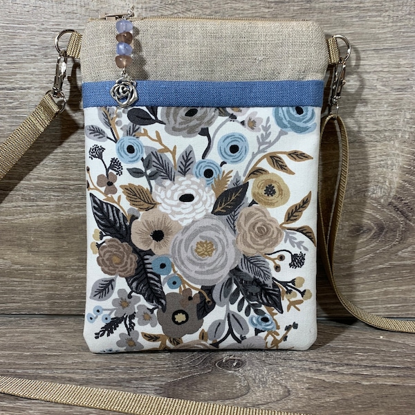 Rifle Paper Company and Linen Crossbody Bag, Cell Phone Case, Hands free phone purse | Small Shoulder Purse, Handmade Gift, Garden Party