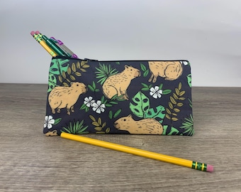 Capybara Zipper Pouch, Jungle Pencil Case,  Journal Accessories, Planner Pouch, Cash Wallet, Makeup Bag, Crochet Supplies, Handmade Gift