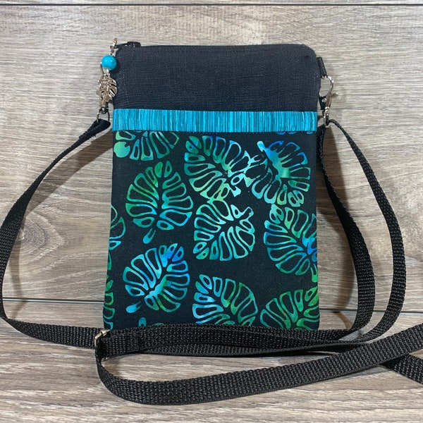 Handmade Monstera Crossbody Bag - Blue/Green Batik, Phone Holder, Stylish Hands-Free Purse, Gift for Her