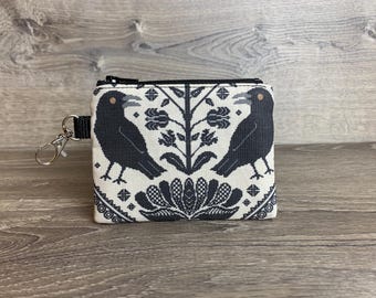 Crow Linen Coin Purse, Raven Zipper Pouch, Folk Floral Small Wallet