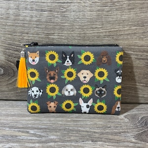 Monedero pequeño con cremallera con diseño de perros, gatos y girasoles, monedero con diseño de mascotas y flores, bonito monedero para tarjetas o dinero en efectivo, regalo para amantes de los perros y los gatos, hecho a mano
