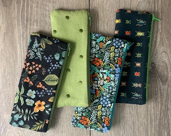 Cotton Long Zipper Pouch - Handmade Gift, Bag for Makeup, Slim Pencil Case, Journal Accessory, Planner Pouch, 7" wide x 3" tall