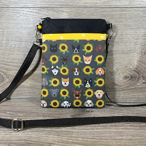 Katzen, Hunde und Sonnenblumen! Handy-Geldbörse | Gepolsterte Handytasche | Kleine Umhängetasche | Kleine Messenger-Geldbörse | Muttertagsgeschenk | Mama-Geschenk