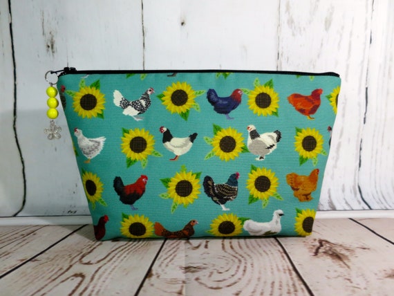 Chickens and Sunflowers! A Great Carry All Bag for Your Essentials! This Handmade Zipper Pouch would make a Great Handmade Gift!