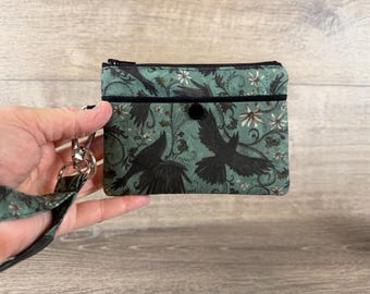 Crow Print ID Wallet, Zipper Pouch with Wristlet