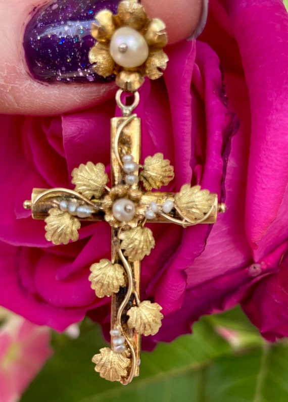 Vintage handmade gold and pearl cross pendant - image 6