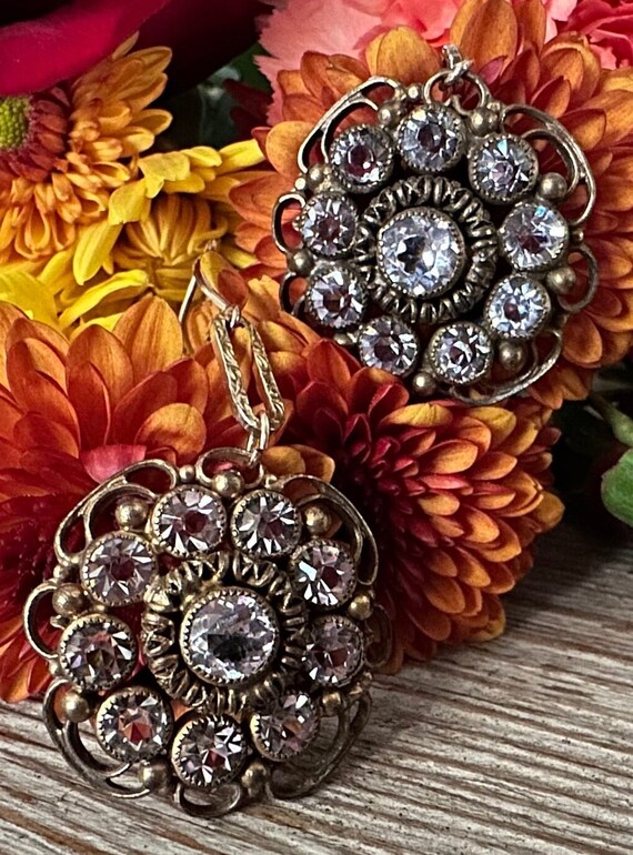 Vintage 10k Gold Paste Stone Floral Drop Earrings - image 10