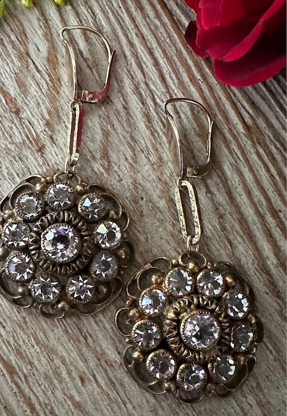 Vintage 10k Gold Paste Stone Floral Drop Earrings - image 4