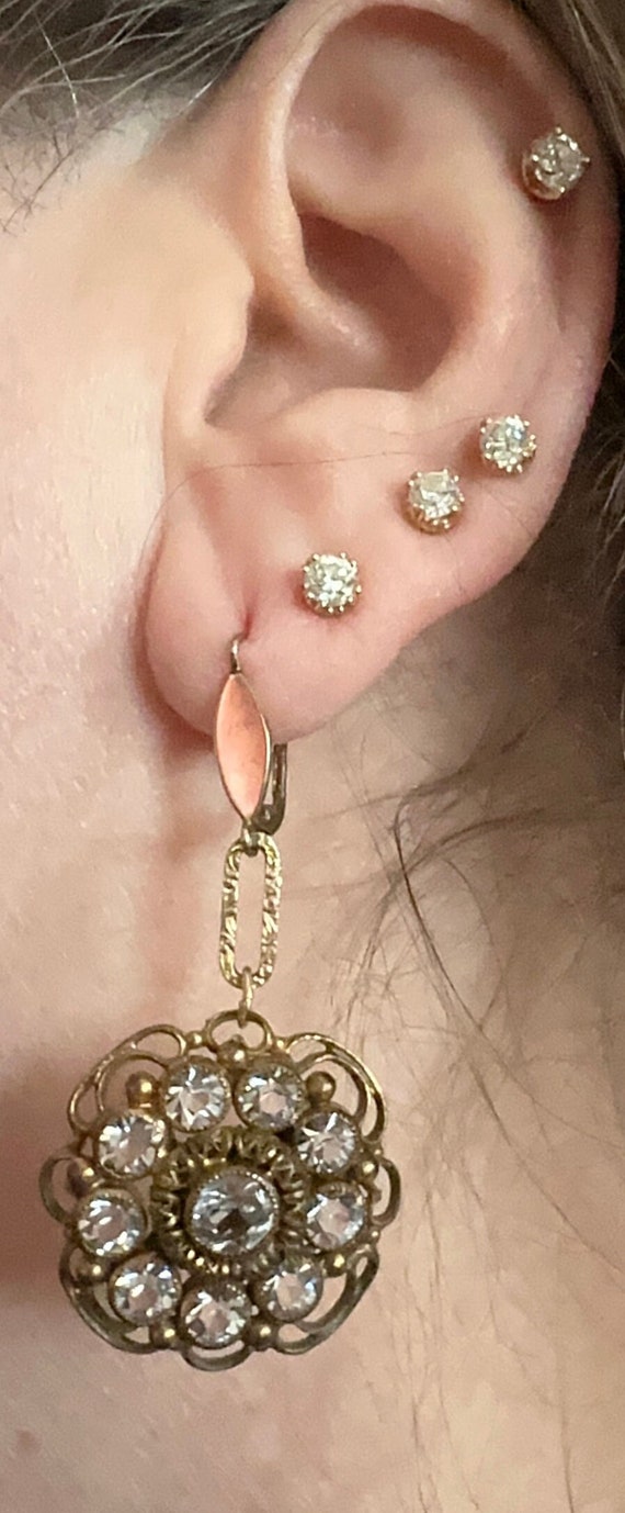Vintage 10k Gold Paste Stone Floral Drop Earrings - image 3