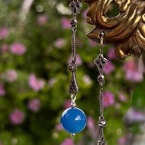 Blue Agate Marcasite Drop Earrings – Vintage Sterling Silver & 10K Gold Art Deco Style