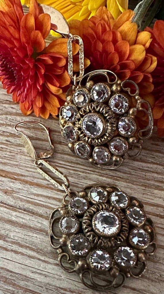 Vintage 10k Gold Paste Stone Floral Drop Earrings - image 6