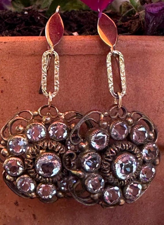 Vintage 10k Gold Paste Stone Floral Drop Earrings - image 1