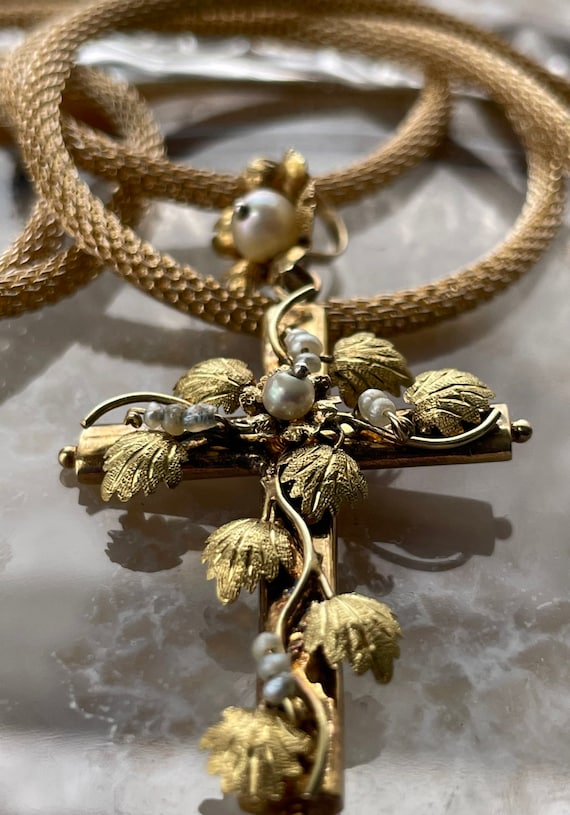 Vintage handmade gold and pearl cross pendant - image 8