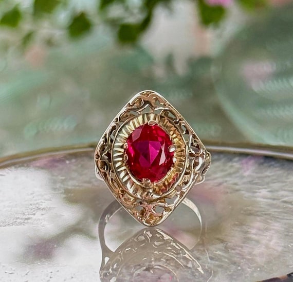 Victorian-Art Deco 10k Gold Ring with Vibrant Red… - image 1