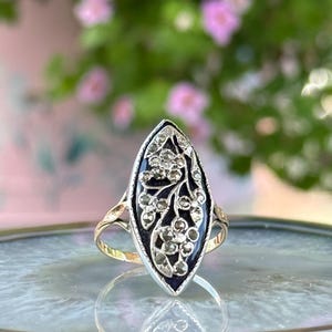 Large Antique Bristol Blue Glass Navette Ring in Gold & Silver