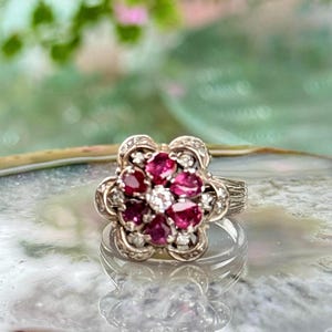 Vintage 10k Gold Ruby Diamond Daisy Ring | Mid Century Floral Estate Jewelry