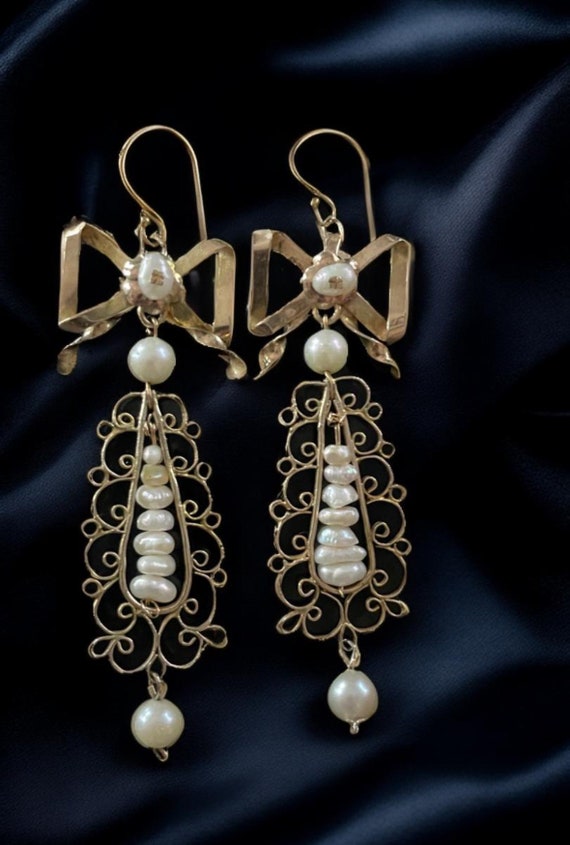 Vintage long filigree and pearl earrings - image 7
