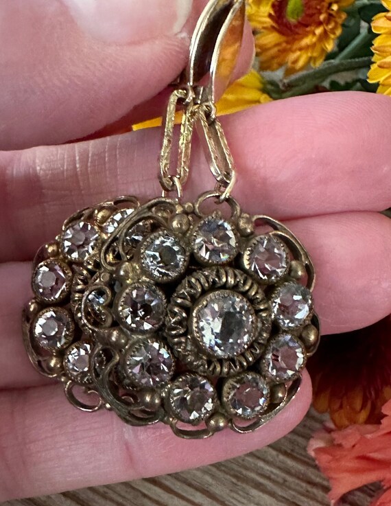 Vintage 10k Gold Paste Stone Floral Drop Earrings - image 9