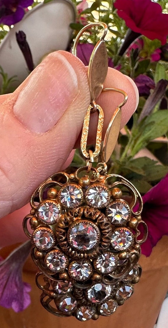 Vintage 10k Gold Paste Stone Floral Drop Earrings - image 2