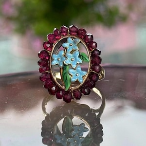 Antique Victorian 10K Gold Forget Me Not Garnet Enamel Floral Ring