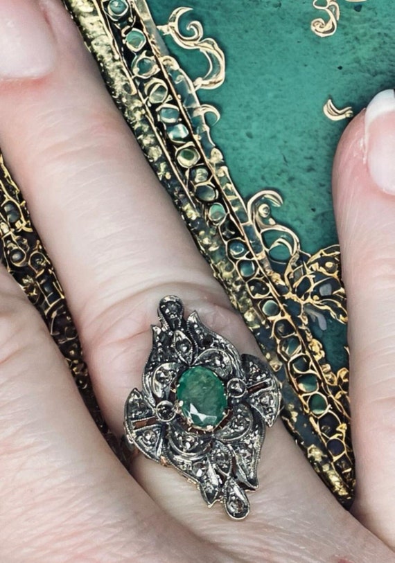 Vintage rose gold Emerald and diamond ring - image 2