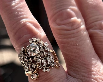 Spectacular Vintage 14k Gold Diamond Freeform Cocktail Ring | Mid Century Modern Diamond Cluster Statement Ring | Bold Retro Abstract Diamon