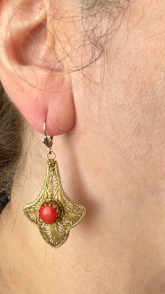 Vintage red coral gold earrings - image 4