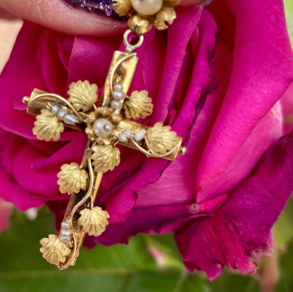Vintage handmade gold and pearl cross pendant - image 5