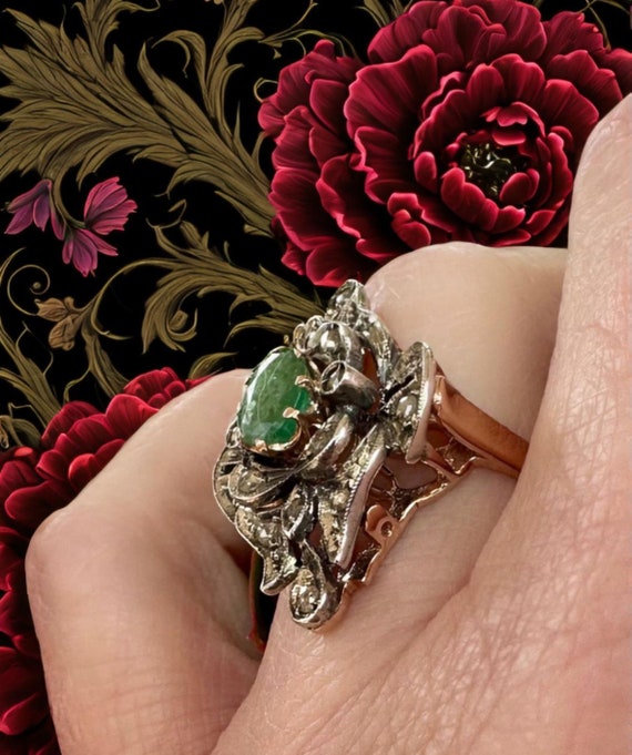 Vintage rose gold Emerald and diamond ring - image 7