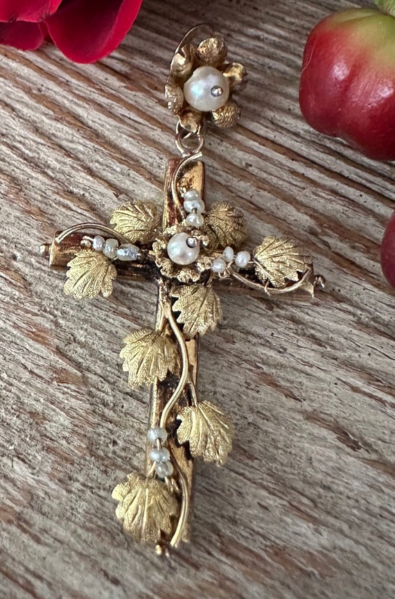 Vintage handmade gold and pearl cross pendant - image 3