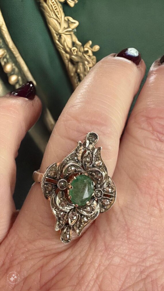 Vintage rose gold Emerald and diamond ring - image 5