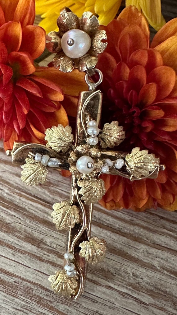 Vintage handmade gold and pearl cross pendant - image 2