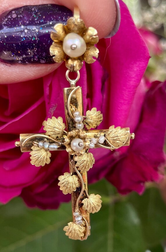 Vintage handmade gold and pearl cross pendant - image 7