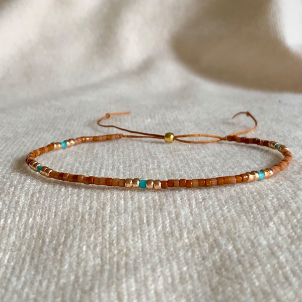 Brown Rose Gold and Turquoise Adjustable Seed Bead Bracelet Gift under Ten