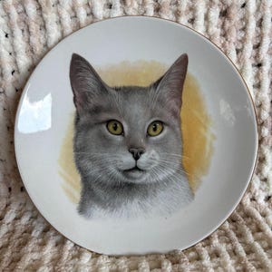 May include: A round white ceramic decorative plate featuring a detailed portrait of a grey cat with yellow-green eyes. The cat is centered against a soft, circular yellow watercolor-style background. The plate has a thin gold-toned rim.