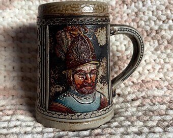 Vintage West German Stoneware Beer Stein | Hand-Painted Knight Portrait, Dark Academia Bar Decor
