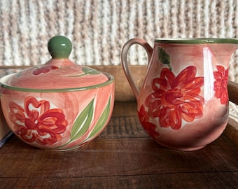April Cornell Creamer & Covered Sugar Bowl Set | Hand Painted Floral Ceramic | Cottagecore Kitchen Decor | Pink Red Flowers