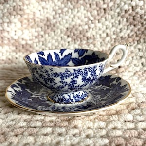 Antique Coalport Tea Cup Saucer | Blue Transferware Bone China Maple Leaf Pattern