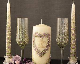 Rustic Wedding Set Unity Candles and Champagne glasses Country Wedding Personalized Vintage Wedding Unity Candles set Flower Wedding Candle
