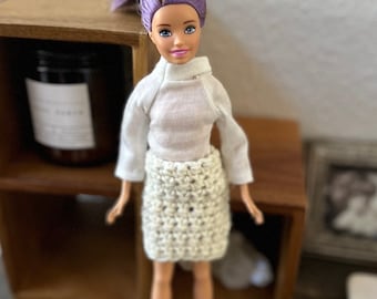 Modern Skirt & Vintage Top for Fashion Dolls | Set of Crochet Skirt with Off-White Top | Skpr Sized Outfit